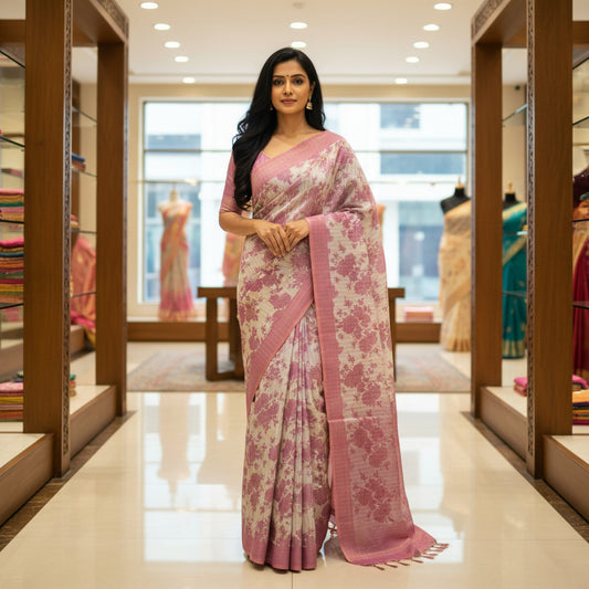 Lavender khadi tissue cotton floral print saree