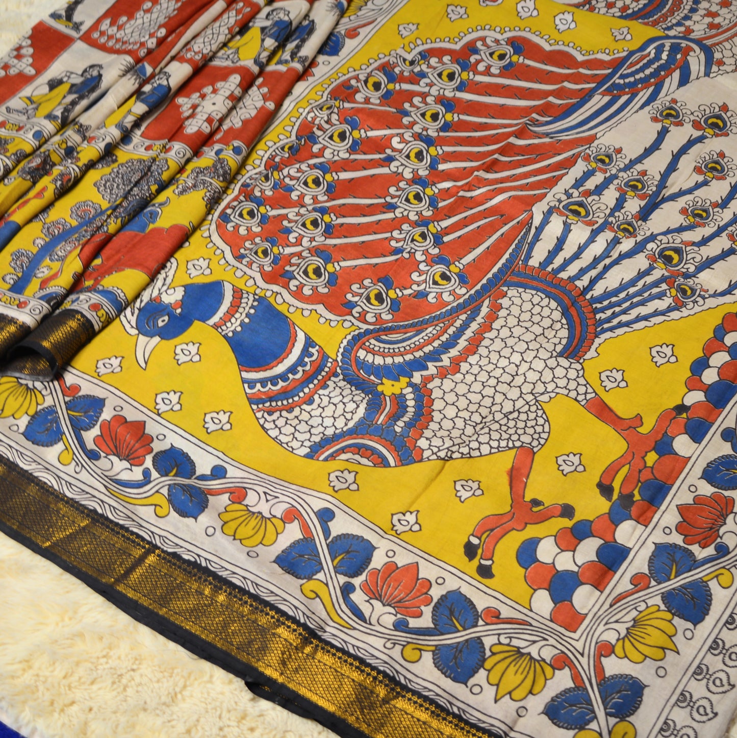 Yellow and black nizam border kalamkari silk saree