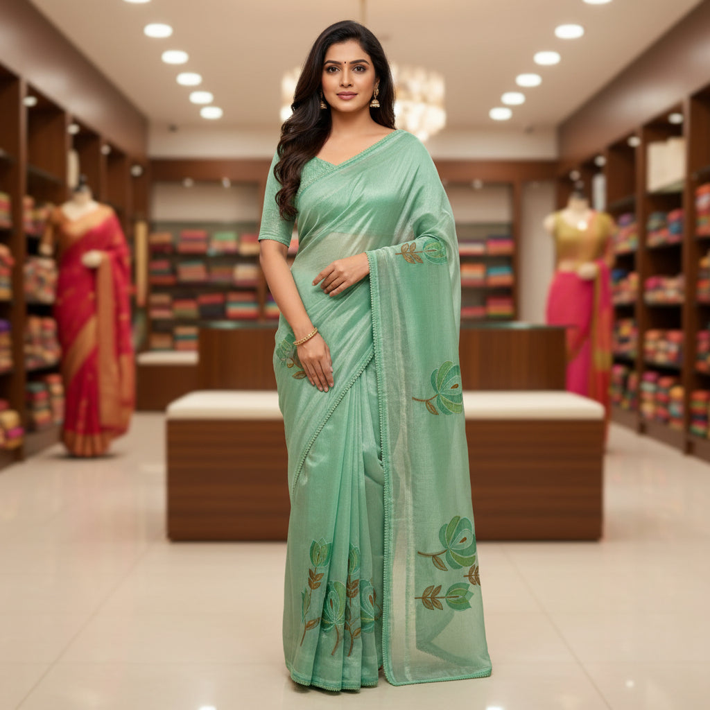 Pista green tissue lotus applique work saree