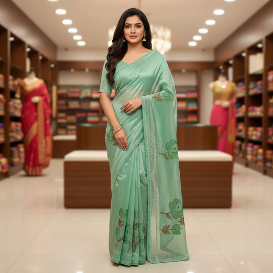 Pista green tissue lotus amplique work saree
