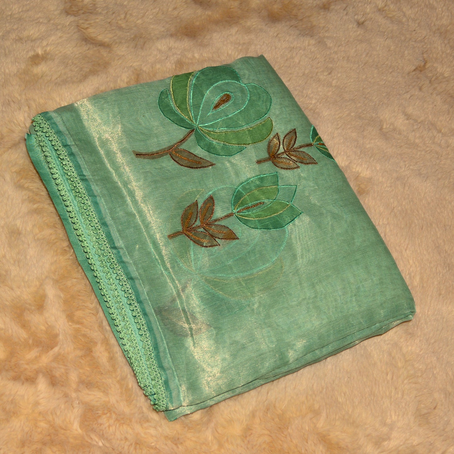 Pista green tissue lotus applique work saree