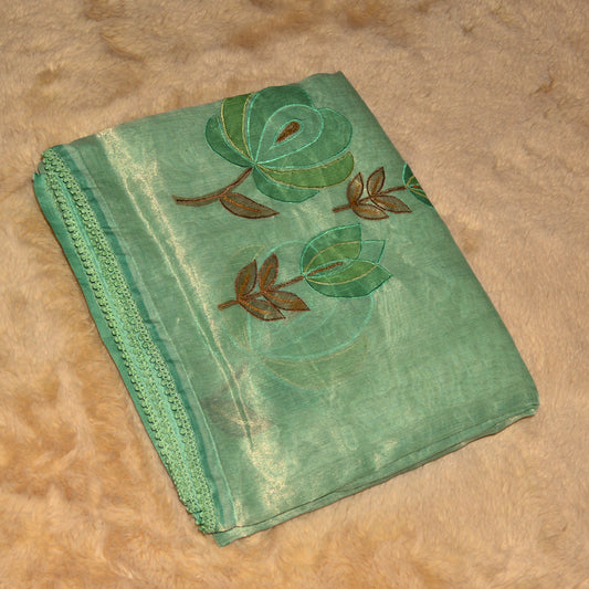 Pista green tissue lotus applique work saree