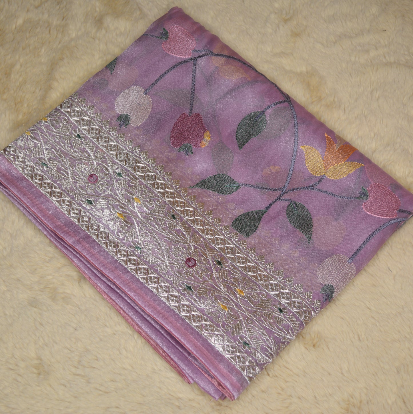 lavender tissue german silver work saree