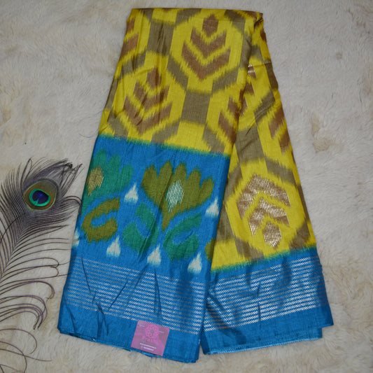 Yellow with blue ikkat semi dola silk saree