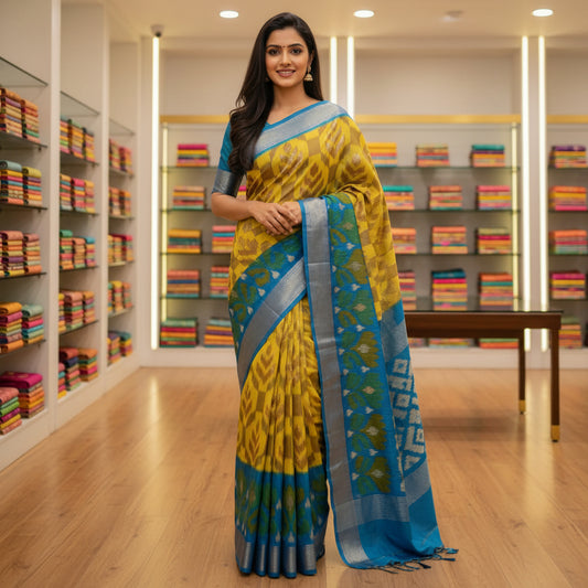 Yellow with blue ikkat semi dola silk saree