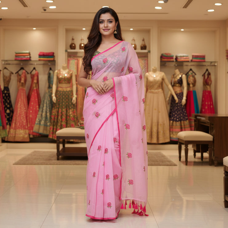 Baby pink mul cotton embroidery saree