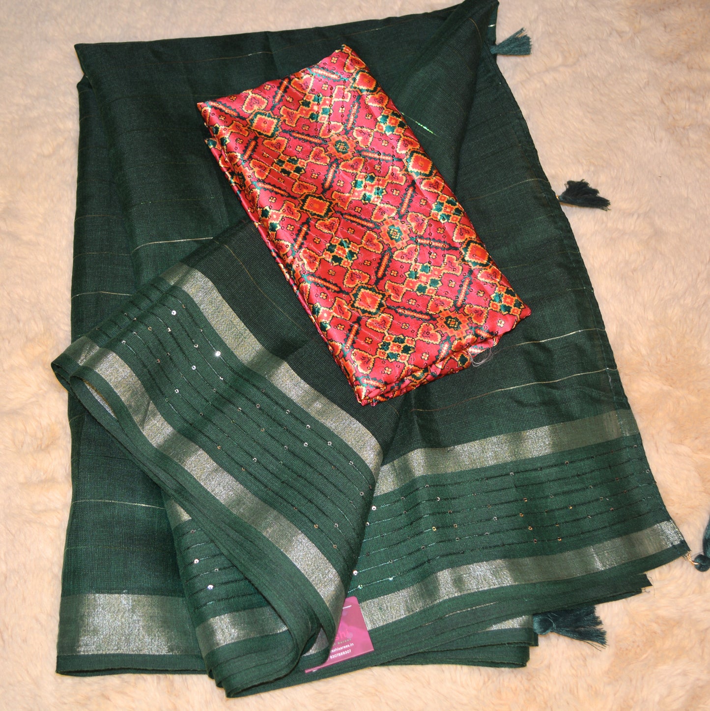 Bottle green sequin work linen saree