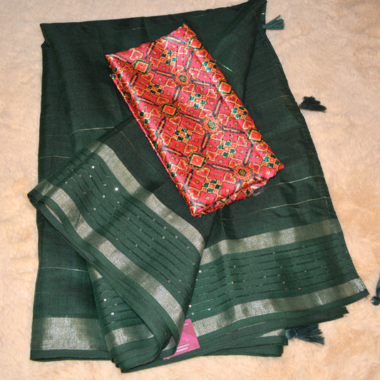 Bottle green sequin work linen saree