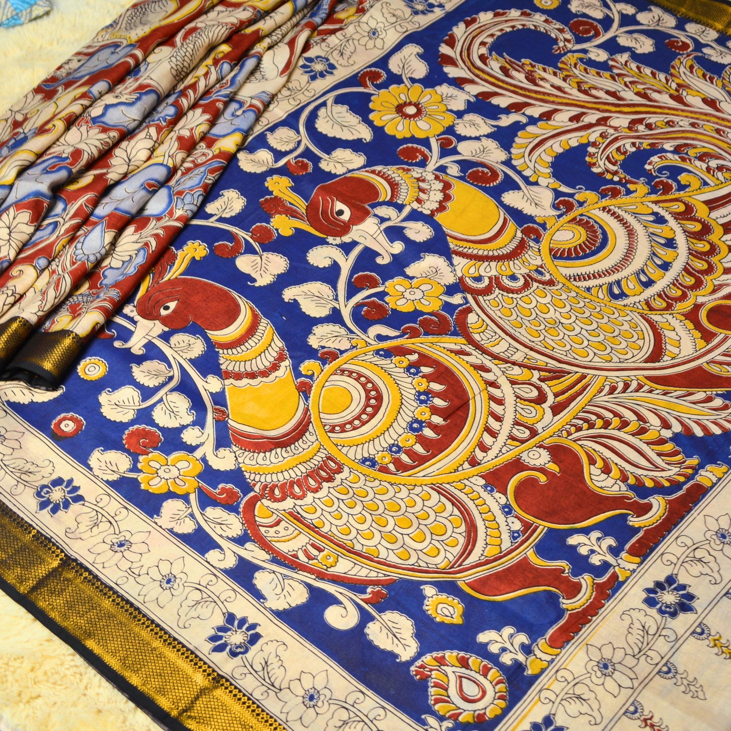 Red and black nizam border kalamkari silk saree