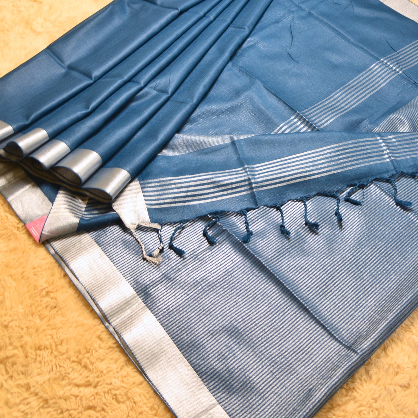 Teal blue khadi cotton saree