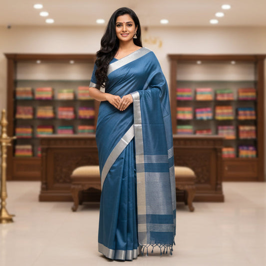 Teal blue khadi cotton saree