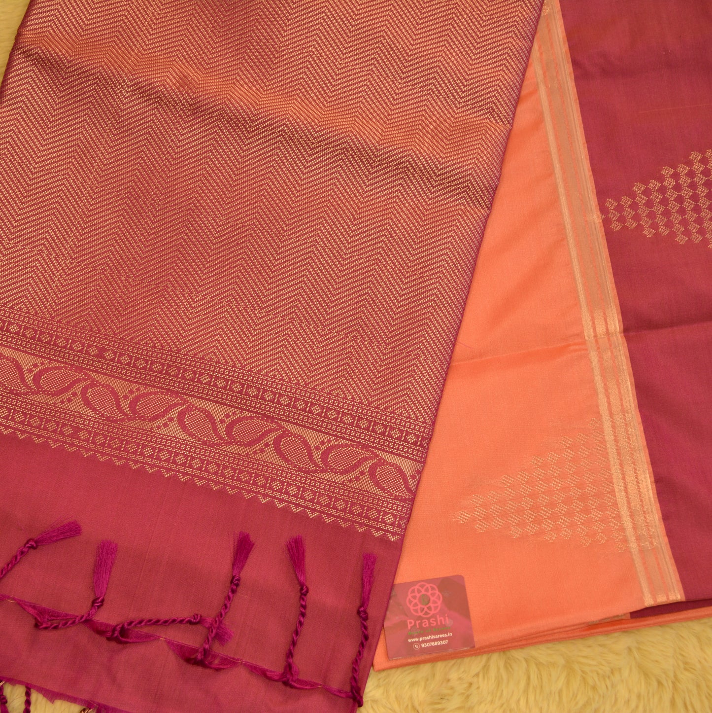 Orange with maroon brown semi silk temple butta saree
