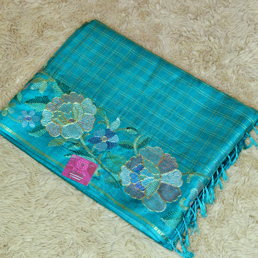 Blue semi tussar checks embroidery saree