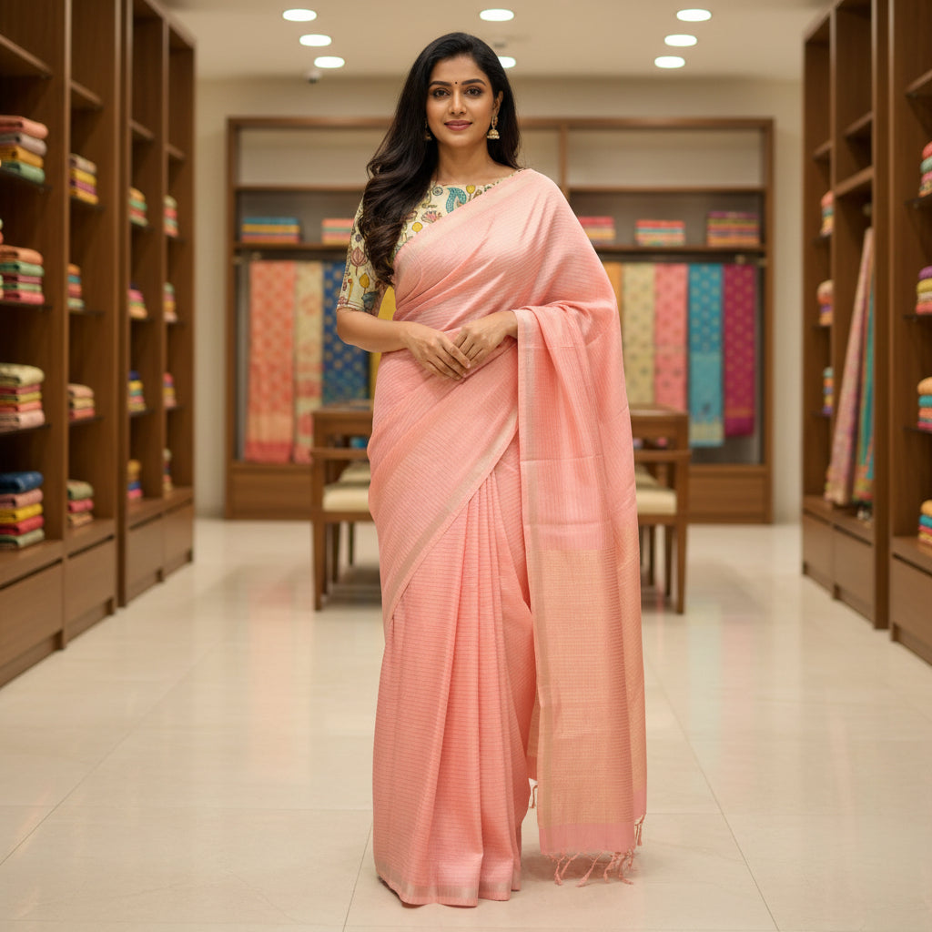 Baby pink moonga silk kalamkari blouse saree