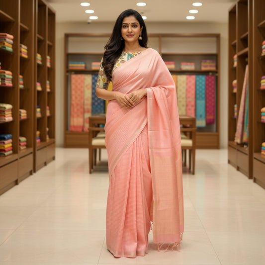 Baby pink moonga silk kalamkari blouse saree