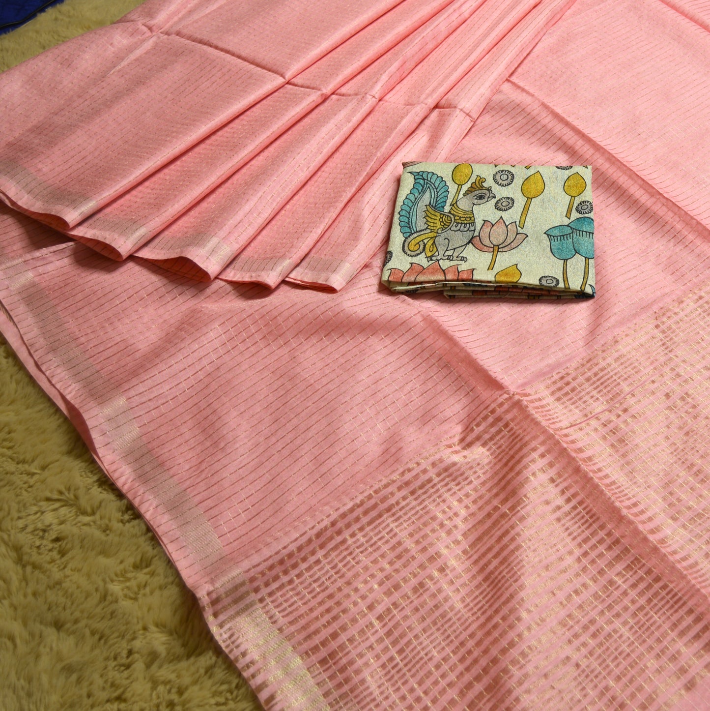 Baby pink moonga silk kalamkari blouse saree