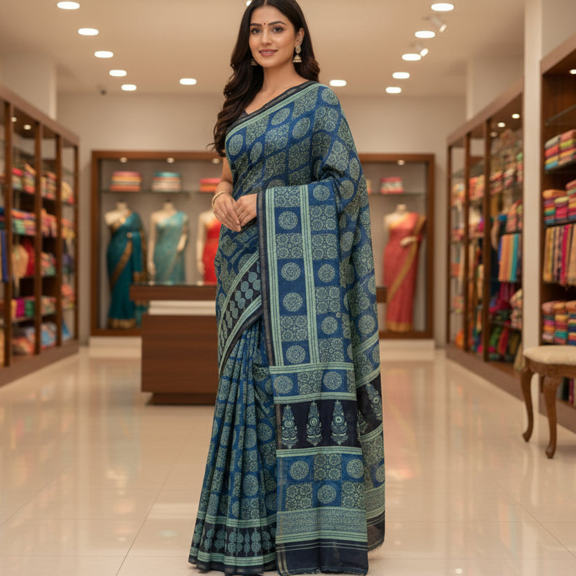 Teal blue ajrakh handblock printed chanderi silk cotton saree
