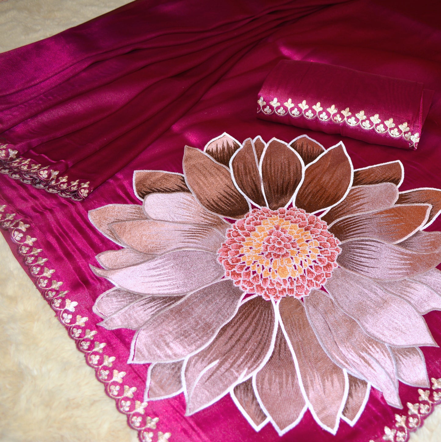 MAGENTA tissue lotus embroidery saree