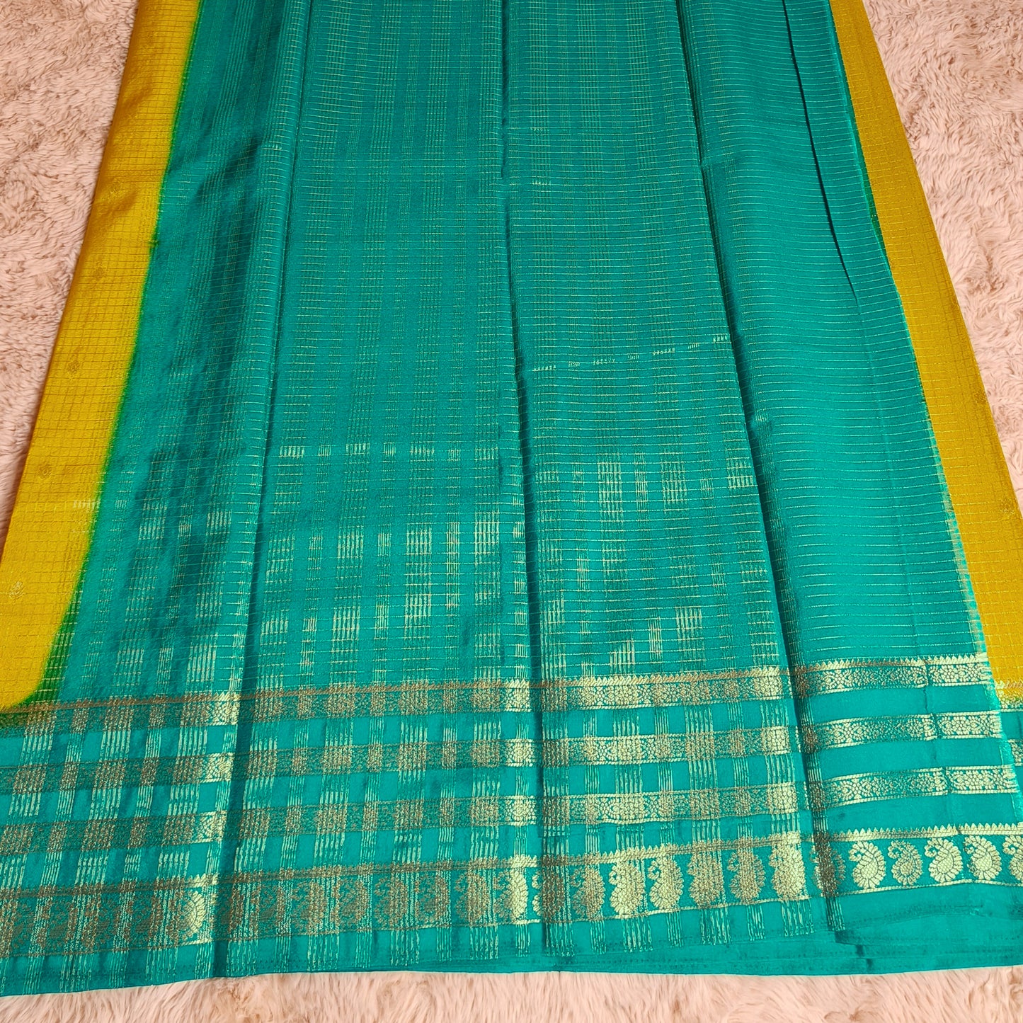 Yellow with rama green semi mysore crepe checks
