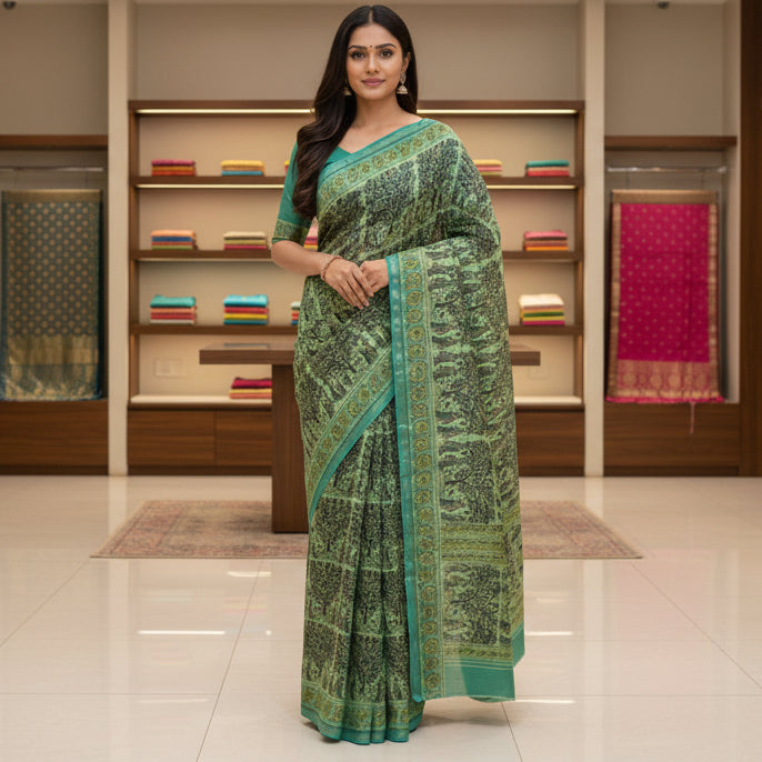 Pista green ajrakh handblock printed chanderi silk cotton saree
