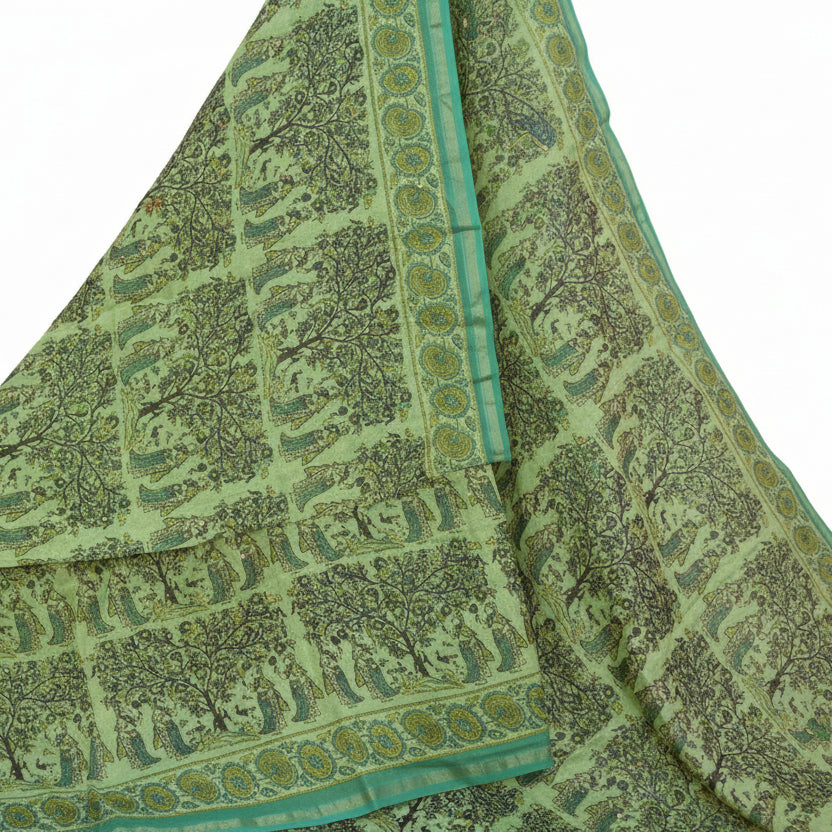 Pista green ajrakh handblock printed chanderi silk cotton saree