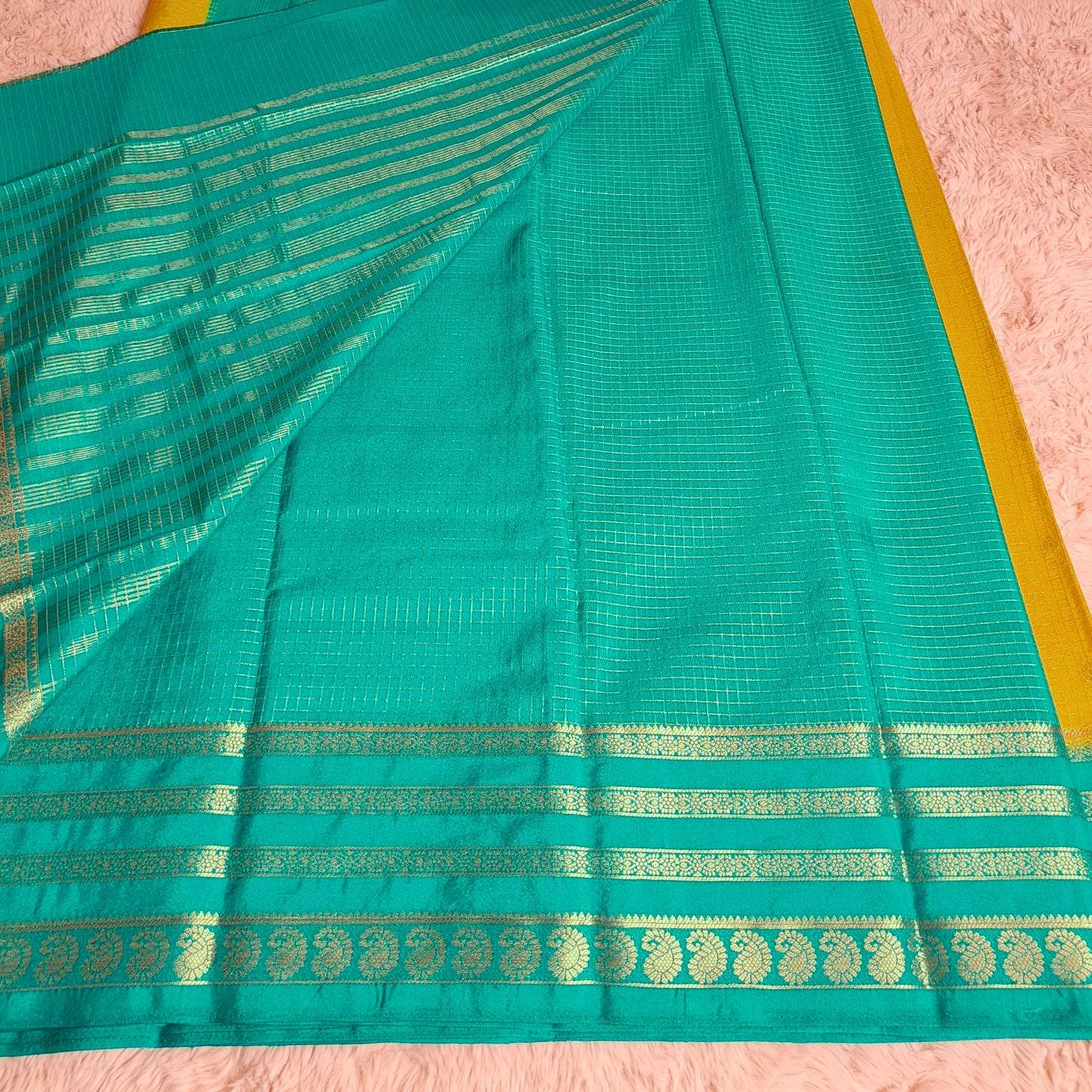 Yellow with rama green semi mysore crepe checks