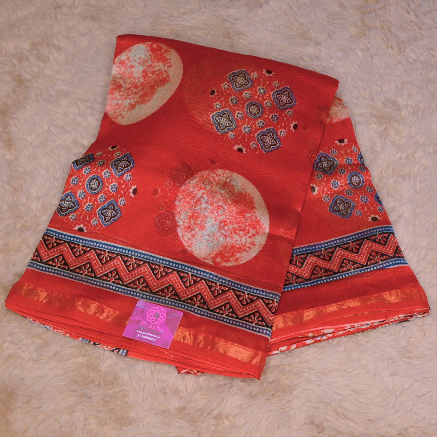 Red ajrakh handblock printed chanderi silk cotton saree
