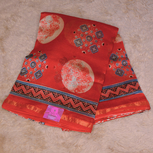 Red ajrakh handblock printed chanderi silk cotton saree