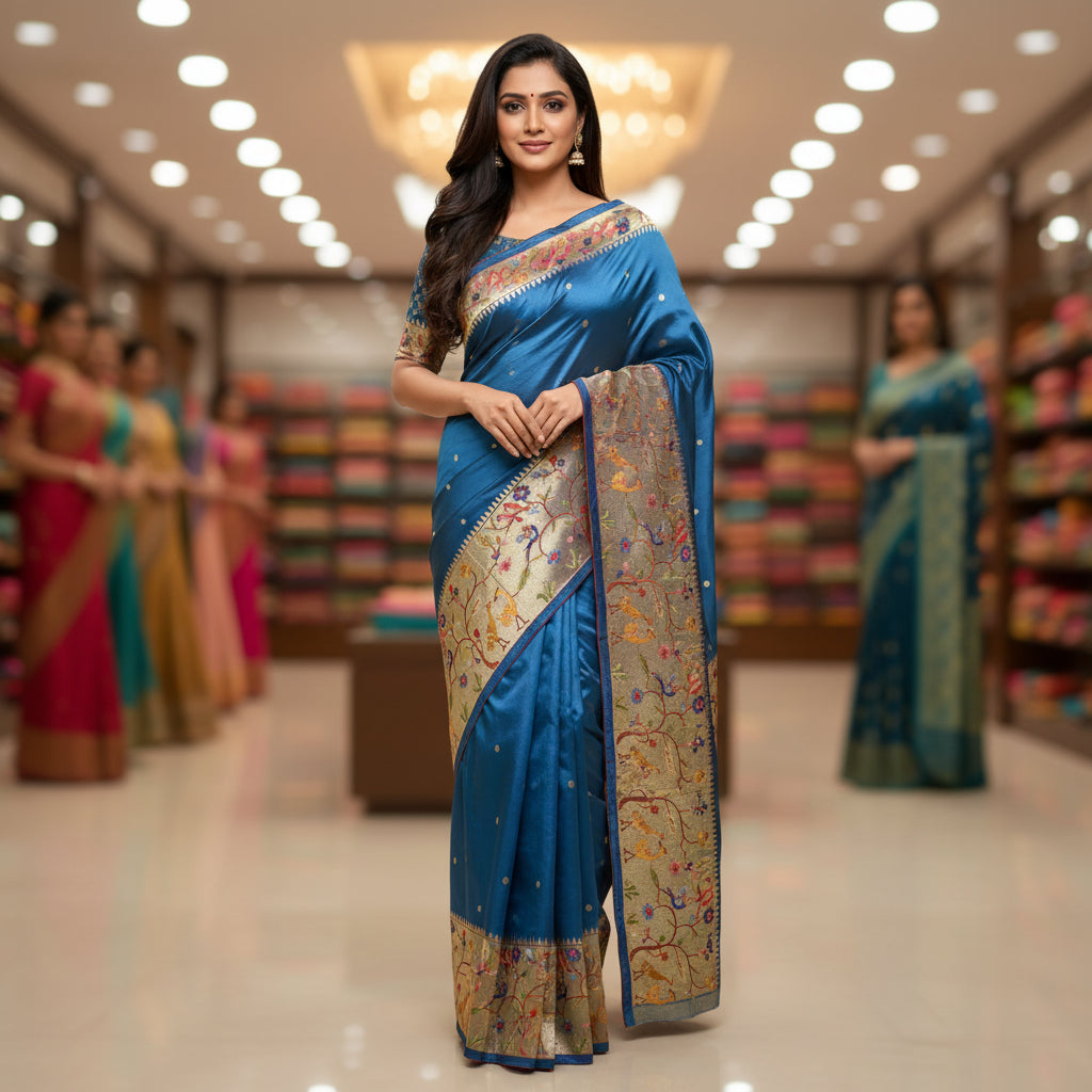 Teal blue dola silk german silver work saree