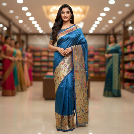 Teal blue dola silk german silver work saree