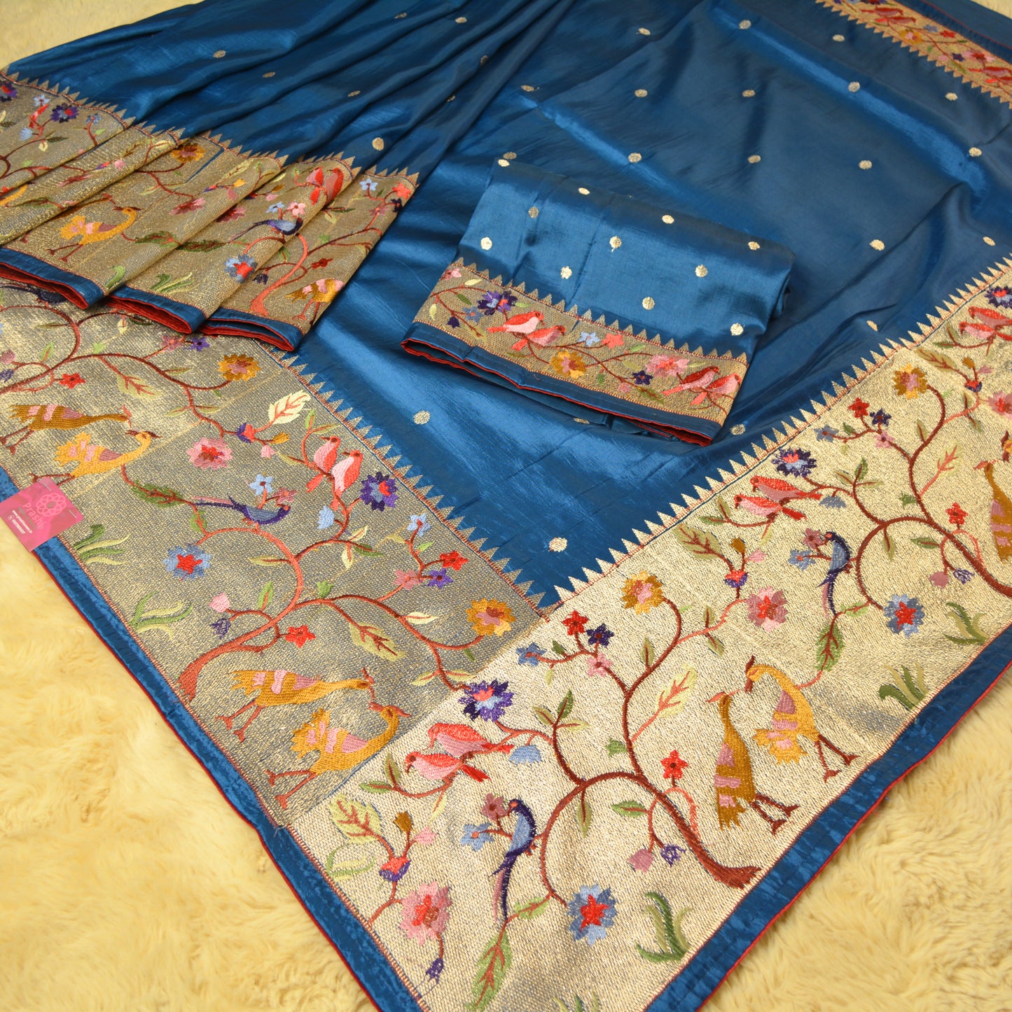 Teal blue dola silk german silver work saree