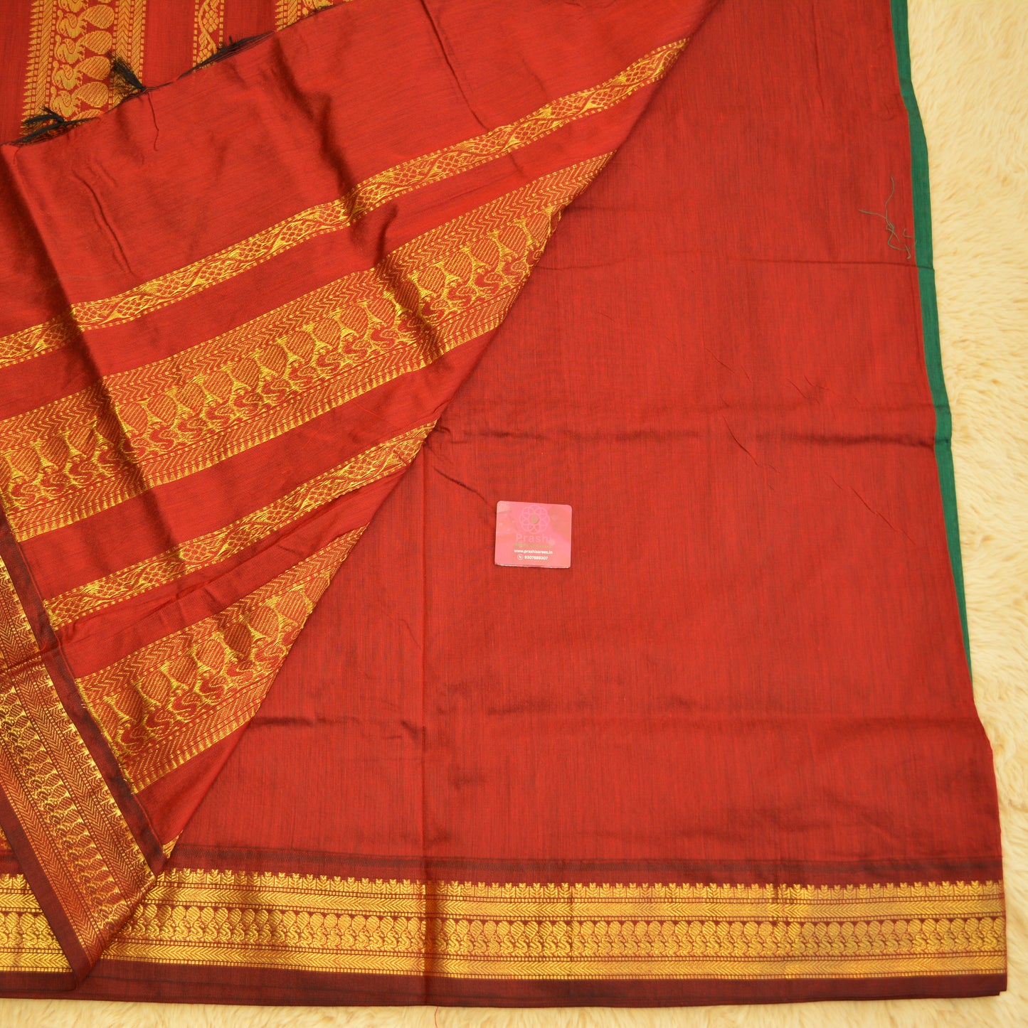 Bottle green handloom kalyani cotton saree with maroon contrast