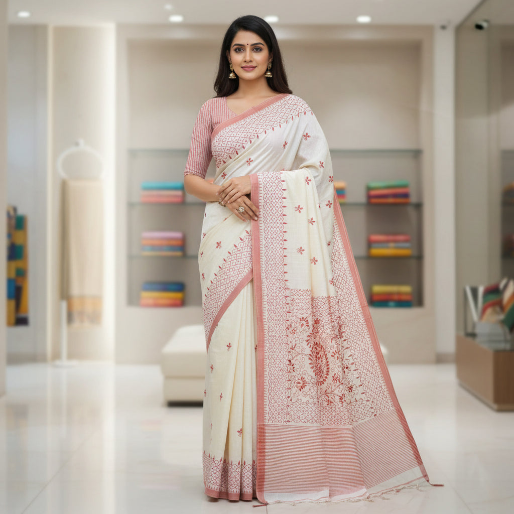 Half white tussar saree with red kashmir embroidery