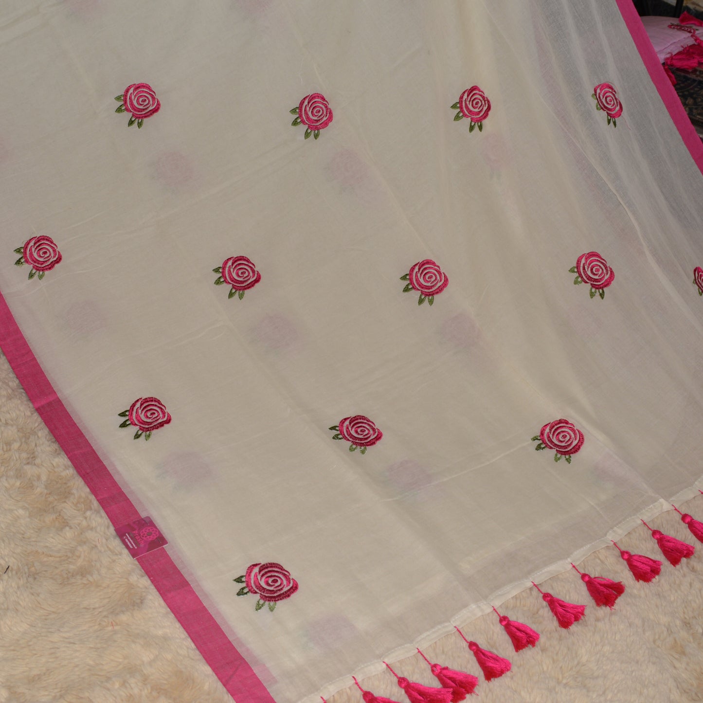 Half-white with pink mul cotton embroidery saree