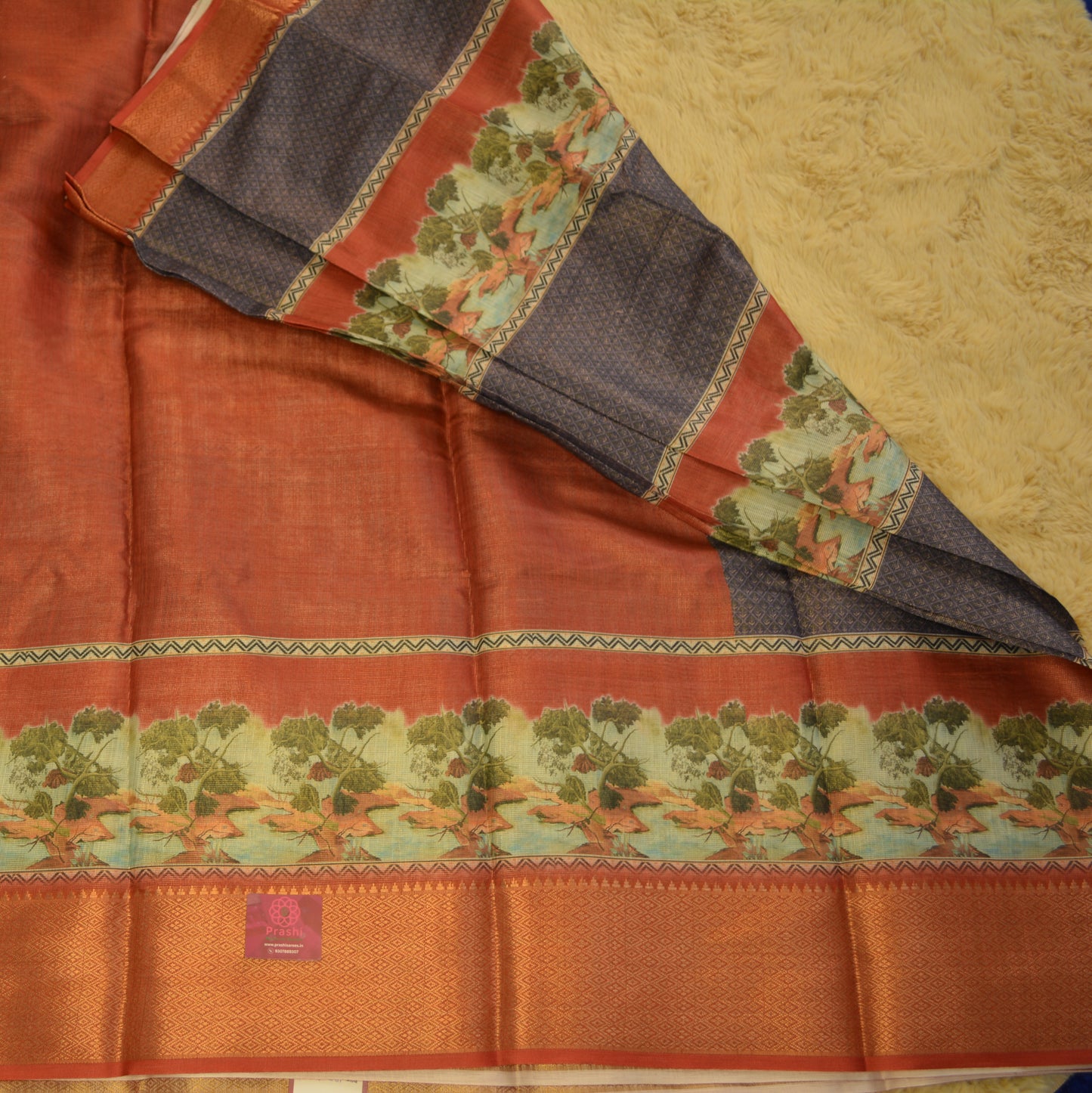 Purple with orange cotton blend kalamkari saree