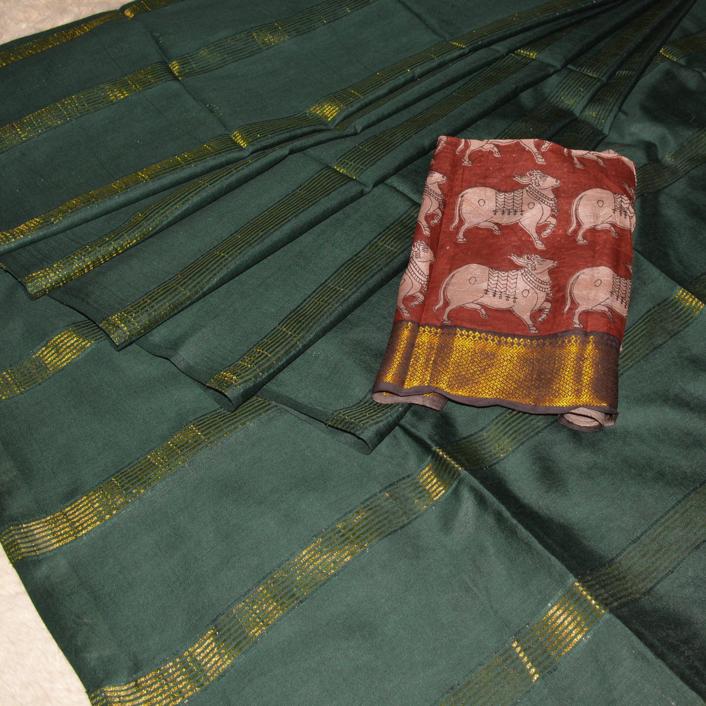 Bottle green mooga silk kalamkari blouse saree