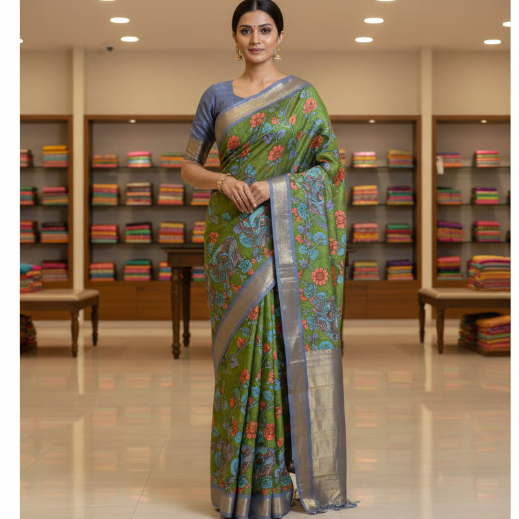 Green koria silk floral print border saree