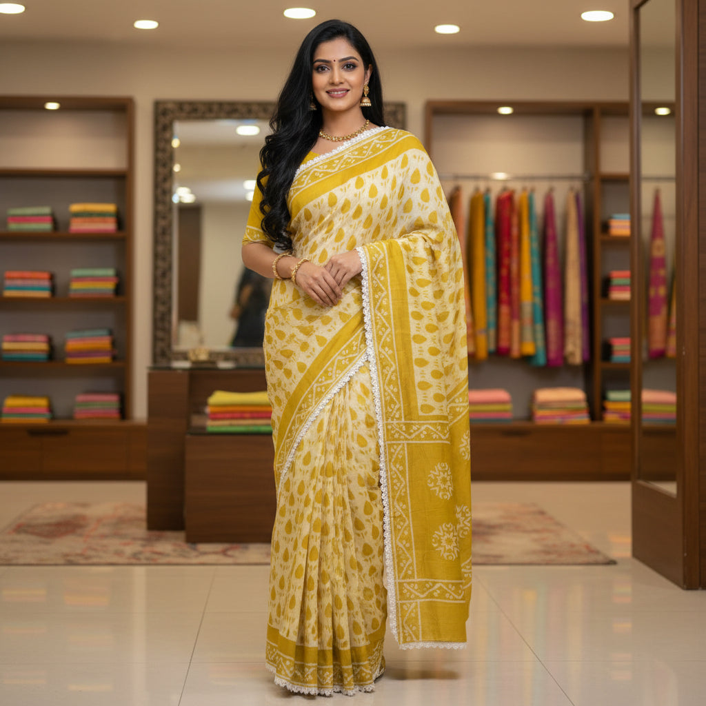 Mustard yellow maslin cotton saree