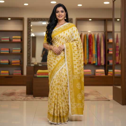 Mustard yellow maslin cotton saree
