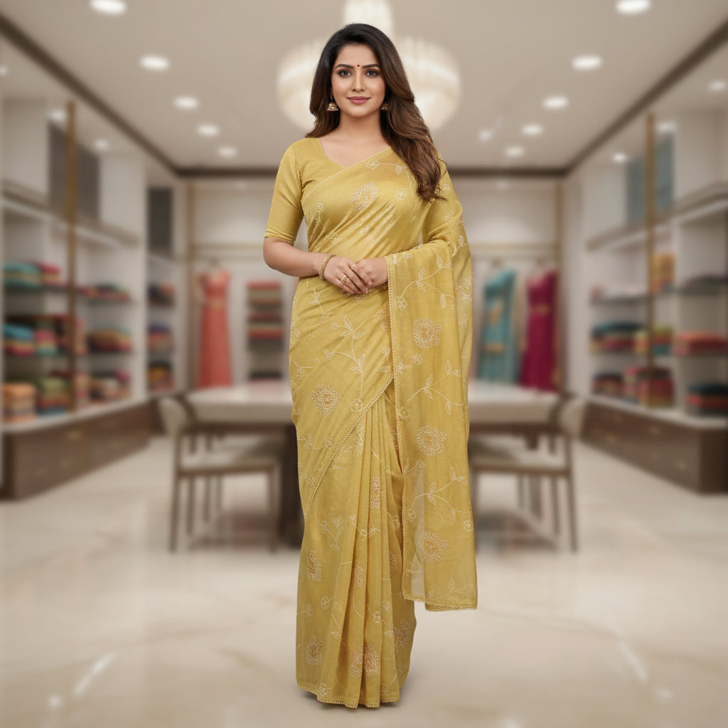 Pastel yellow kota embroidery lace border saree