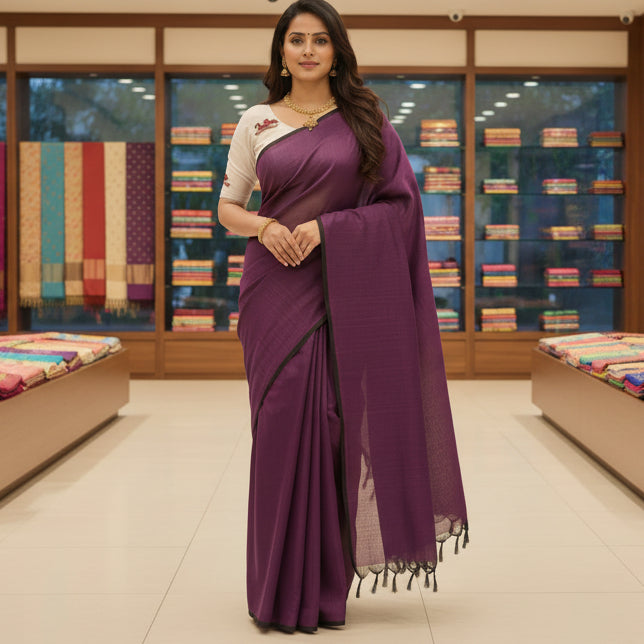 purple khadi cotton saree-kalmakri blouse
