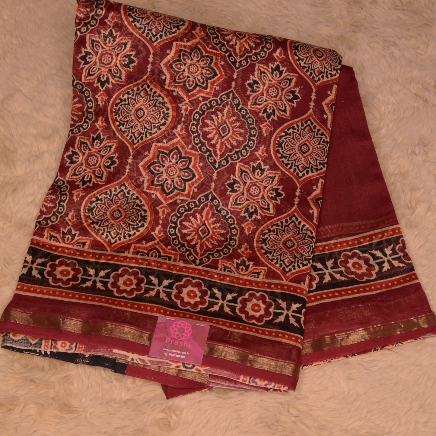 Maroon ajrakh handblock printed chanderi silk cotton saree