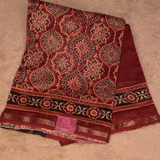 Maroon ajrakh handblock printed chanderi silk cotton saree