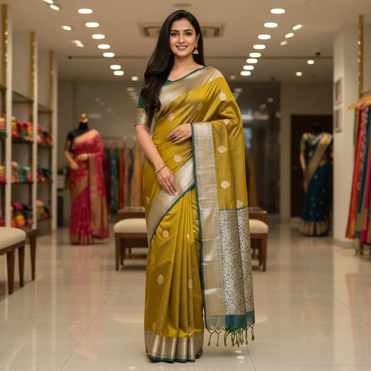 MUSTARED and green semi silk saree