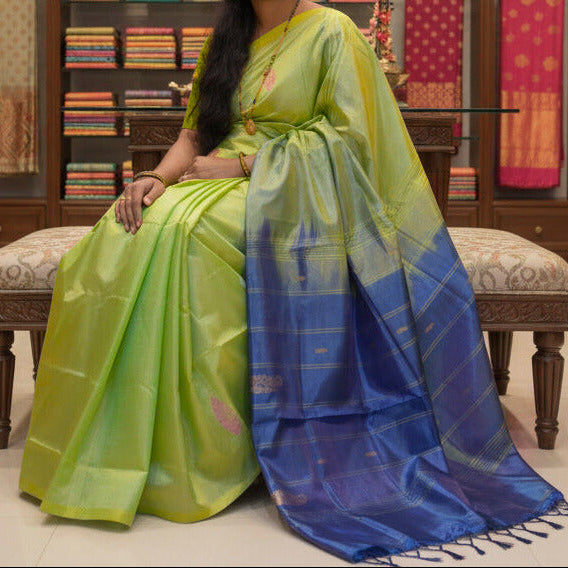 Parrot green with blue vegan silk saree