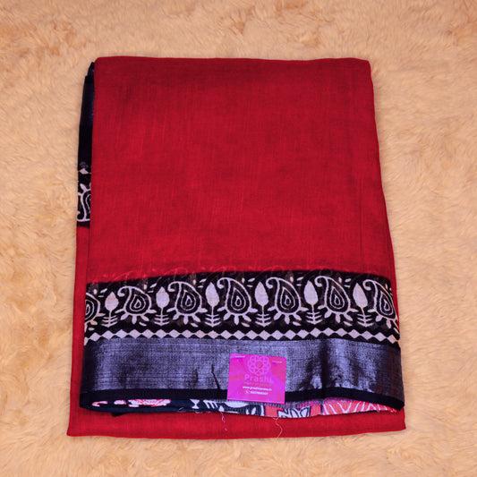 Maroon Pure linen handblock printed saree