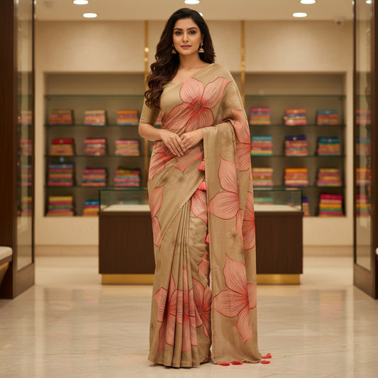 Beige colour soft tissue saree