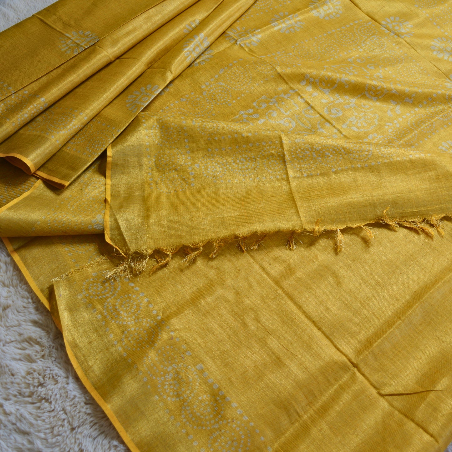 Yellow moonga silk batik printed saree