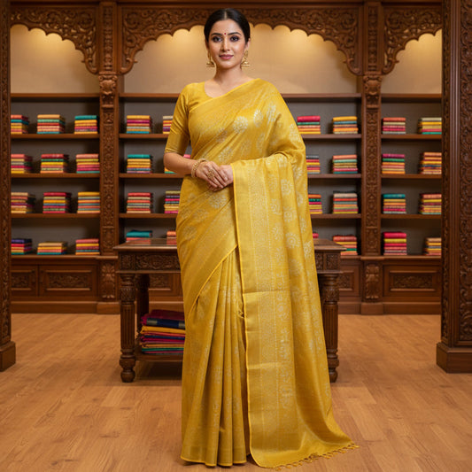 Yellow moonga silk batik printed saree