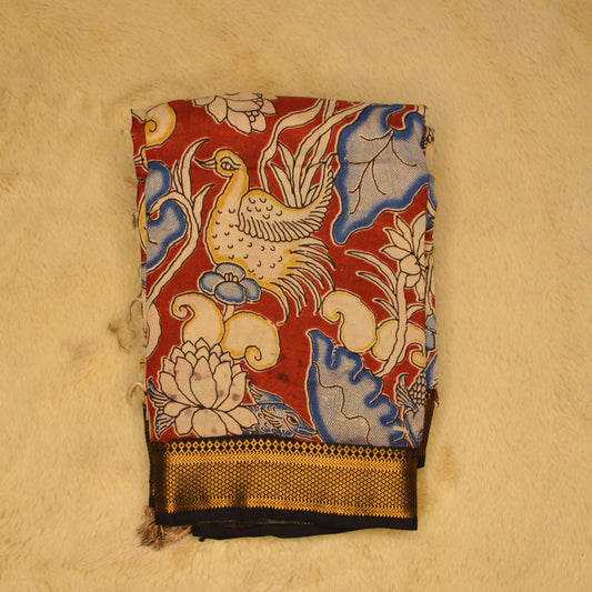 Red and black nizam border kalamkari silk saree